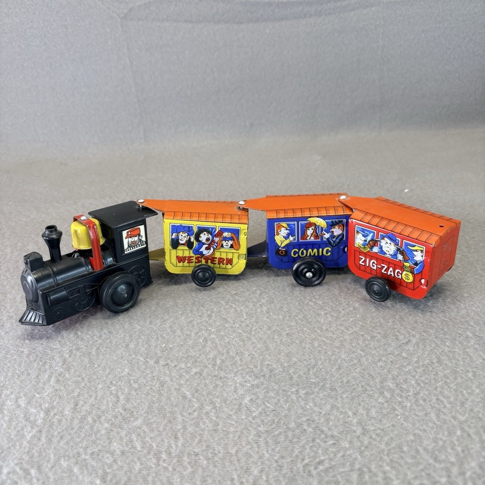 Vintage Tin Wind-Up Train Western Zigzag Comic Express  MTU - Works